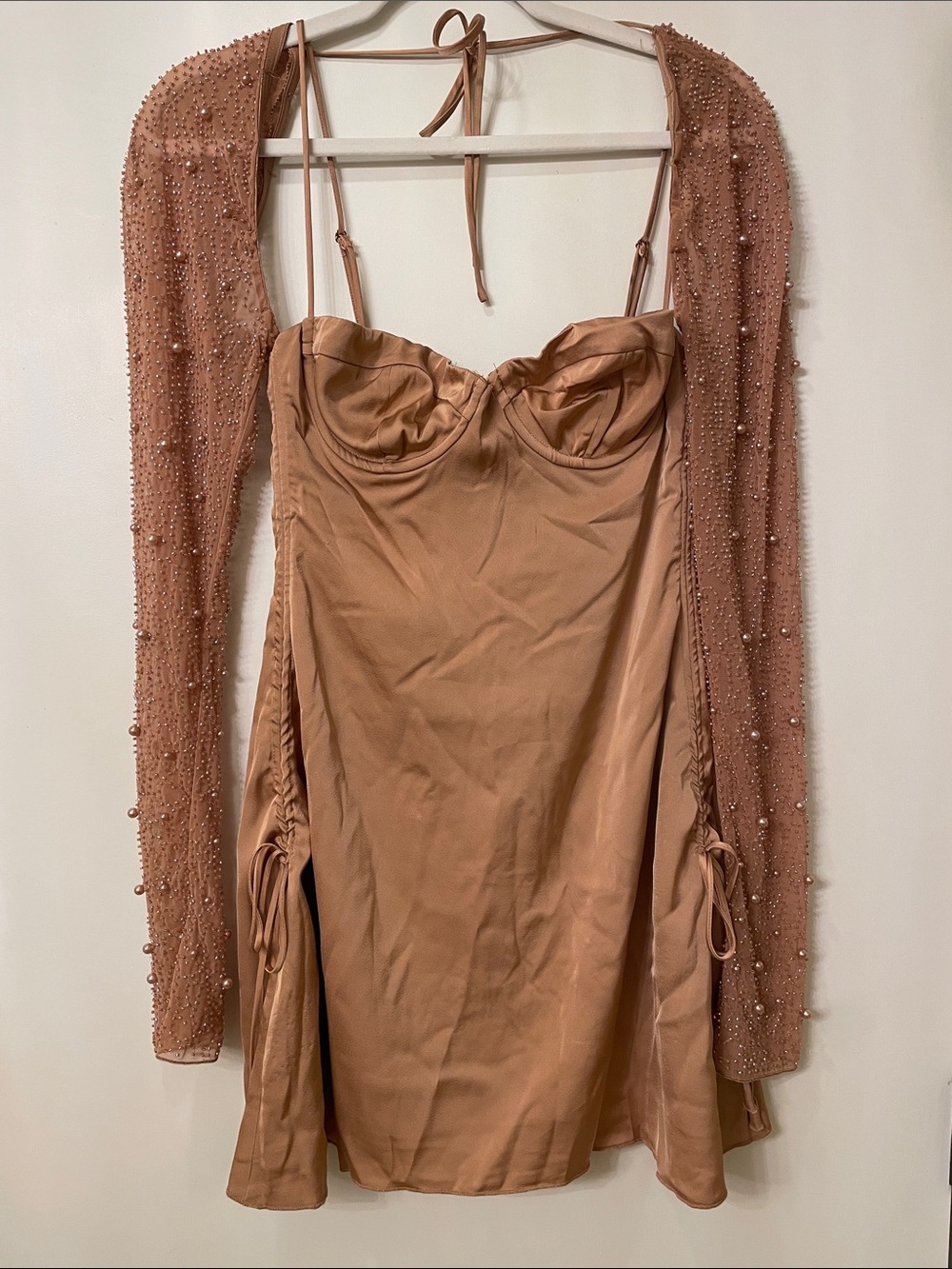 Oh Polly Brown Pearl-Sleeve Bustier Mini Dress